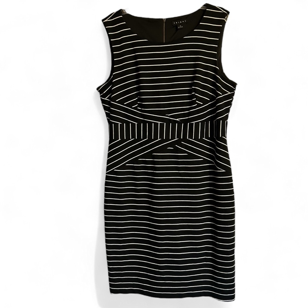 TRIBAL 16 Womens Sleeveless Black White Striped Zipper Midi‎ Lined Knit Dress